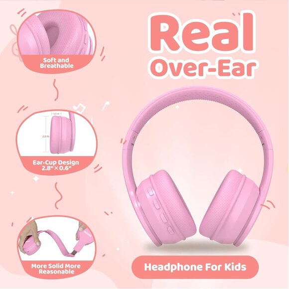 New Pink Kids Bluetooth Headphones 68-hour Playtime  Built-in Microphone - Picture 2 of 3